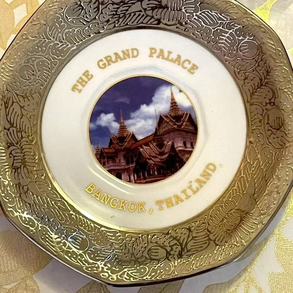 Vintage Bangkok Thailand hand painted cup and soccer white gold